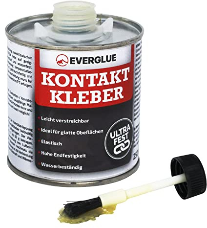 Everglue Kontaktkleber in der Dose mit integriertem Pinsel ist wasserfest, extra stark und elastisch - klebt Schuhsohlen, Leder, Metall, auch geeignet für Schlauchboote und LKW-Planen (250g)