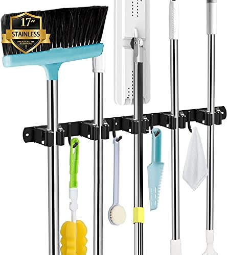 AceMining Besenhalterung Wand, 5 Halter + 4 Haken Schwarz Schwerlast Gerätehalter Selbstklebend, Besenhalter mit Nails Installieren, Gartengerätehalter aus Edelstahl, Wandhalterung Besen