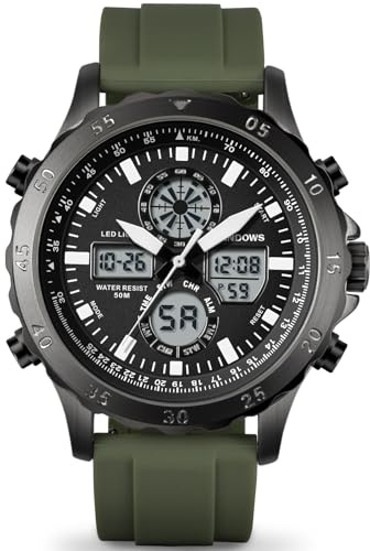 PINDOWS Herrenuhr Analog-Digital, 50 m Wasserdicht Militär Armbanduhr | Outdoor-Sportuhr mit 50 m Wasserbeständigkeit, weißer LED-Beleuchtung, Alarm, Stoppuhr, Kalender und Stundensignal