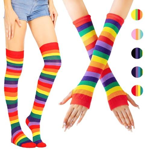 Damen Gestreifte Overknees Strümpfe, Regenboge Handschuhe, Kniestrümpfe Regenboge, Fingerlose Handschuhe, Kostüm für Halloween Karneval Fasching Cosplay 80er Jahre