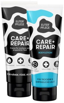 EUTERPFLEGE Pflegecreme-Set, für trockene Haut, 2x 200 ml, frischer Duft | 1x Care+Repair und 1x Körperlotion, Feuchtigkeitscreme für Hand und Körper