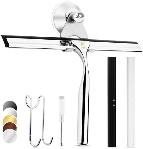 Wunset 25 cm Duschabzieher, Groß Silber Abzieher Dusche - 6-teiliges Set inkl. 2 Ersatz-Silikonlippen, Fensterputzer - für Dusche, Bad, Fliesen, Spiegel, Fenster (25 cm, Silber)