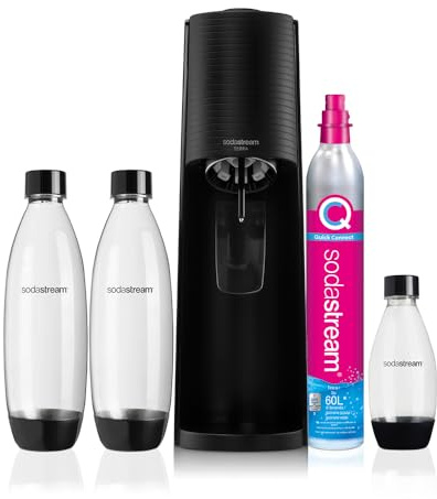 sodastream Wassersprudler Terra Black Value Pack x3 mit 2 1 l und 1 Flasche à 1/2 l spülmaschinenfest und 1 Quick Connect Zylinder, Acryl, Schwarze Erde