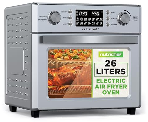 NutriChef Heißluftfritteuse 26L – Multifunktionaler Airfryer Ofen mit Rotisserie & Dampfgarer | 10-in-1 Mini-Backofen mit Dörrfunktion, Zubehör, Edelstahlgehäuse & Antihaftteilen für gesundes Kochen