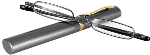 KoKoBin Mini Schmal Lesebrille Federscharnier Metall Lesehilfe Unisex-Sehhilfe mit Etui(Gewehr,+1.5)