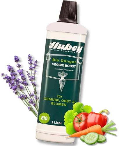 HUBEY Vinasse Bio Flüssigdünger - Tomatendünger flüssig - Organischer Gemüsedünger - Dünger für Tomaten, Gurken, Paprika, Gemüse - Veggie Boost 1 Liter