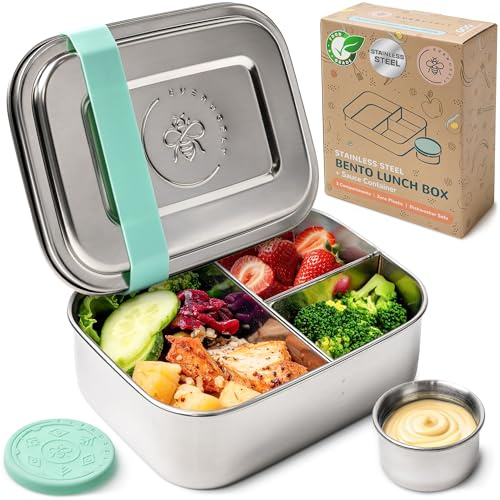 Everusely - Bento Box - Grün - 0,8 L - Edelstahl-Lunchbox mit auslaufsicherem Gewürzbehälter - Snack-Behälter mit 3 Fächern