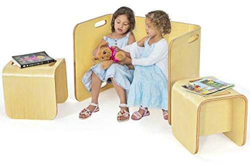 DREAMADE multifunktionaler Kindertisch mit 2 Stühlen, Sitzgruppe für Kinder Kindersitzgarnitur Kindermöbel, 3 TLG. Kindersitzgruppe aus Birkenholz für Kinder für Kinderzimmer, Kindergarten (Natur)