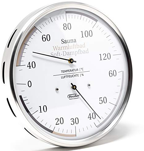 Fischer 185.01 Sauna Universal-Thermohygrometer - 160mm Haar-Hygrometer u. Bimetall-Thermometer aus Edelstahl Made in Germany