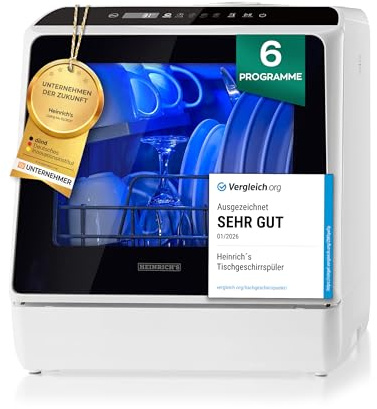Heinrich´s tragbarer Mini Geschirrspüler, Spülmaschine, Tischgeschirrspüler mit 5L Wassertank, mit oder ohne Wasseranschluss nutzbar, klein+ freistehend für Büro, Camping/Wohnmobil, 6 Programme