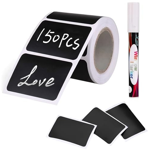 Joyoldelf 150 Pcs Tafel-Aufkleber, wasserdichte Etiketten selbstklebend mit Stift, Küchen Klebeetiketten Partner für Gewürzgläser, Marmelade usw, 6x4cm (Rechteckig)