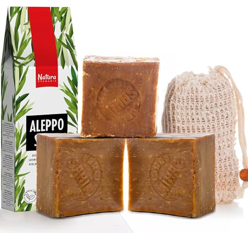 Natura Germania Aleppo Seife 3x je ca. 200 gr (600 gr) 100% Olivenöl + Sisal Seifensäckchen | - Haarseife, Naturseife, Duschseife | Handarbeit + Vegan