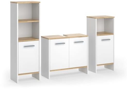 Vicco Badmöbel-Set Karli, Weiß/Goldkraft Eiche, 131.4 cm, besteht aus Waschbeckenunterschrank, Spiegelschrank und Midischrank