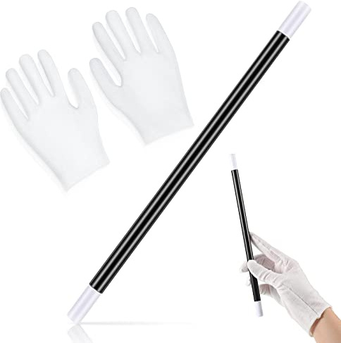 BBTO 24,5 cm Magischer Zauberstab Kunststoff mit Weißen Handschuhen, 1 Set | Trick Zauberstab, Schwarz und Weiß, für Zauberer Hexe Magier Kostüm Verkleidung Zubehör, Geburtstag Spiel Zubehör