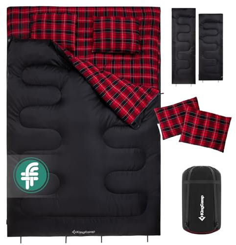 KingCamp Doppelschlafsack Winter Schlafsack 2 Personen Outdoor Warmer Deckenschlafsack Tragbar Leicht 3-4 Jahreszeiten mit 2 Flanell Kissen Camping Schlafsack für Kinder & Erwachsenen 4kg Schwarz.