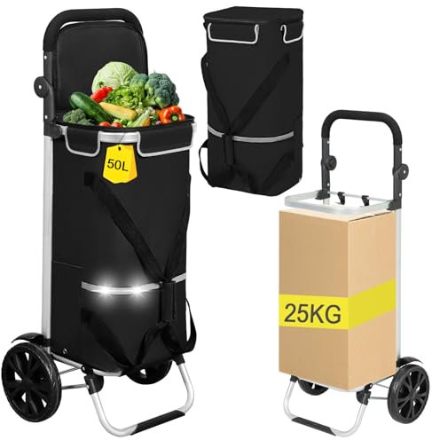AMHANCIBLE Einkaufstrolley, Einkaufswagen mit Kühlfach, 50 Liter, 3in1klappbar Trolley, Einkaufstasche mit Rollen, Handwagen, Tasche abnehmbar, Schwarz EHSC01BK