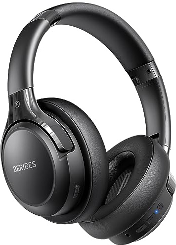 BERIBES Bluetooth Kopfhörer Over Ear, 65 Std Kopfhörer Kabellos Bluetooth mit 6 EQ-Modi, HiFi Stereo, Eingebautes Mikrofon, Faltbares Wireless Headphones für Handys/iPad/Laptops/PC -Schwarz