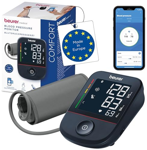 Beurer BM 48 Oberarm Blutdruckmessgerät, einfache Ein-Knopf-Bedienung, sanfte & schnelle Messung, Arrhythmie-Erkennung, Manschette, mit App, Datenübertragung zu Apple Health und co., Schwarz