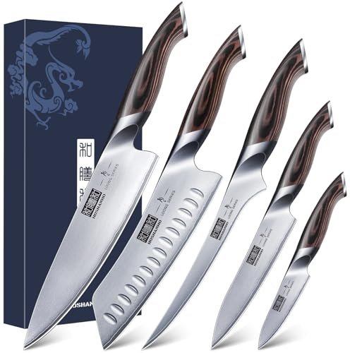 HOSHANHO Messerset 5 Teilig, Rostfreier Stahl mit Hohem Kohlenstoff Küchenmessersets, Professionelles Set Ultrascharfer Kochmesser mit Ergonomischem Pakkaholzgriff