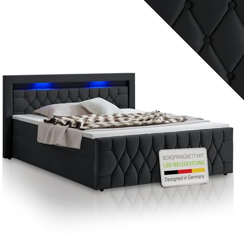 Juskys Boxspringbett Leona 180x200 cm - Bett mit LED Beleuchtung, Topper & H4 Federkern Matratzen - Einzelbett Schwarz mit Samt und Steppung