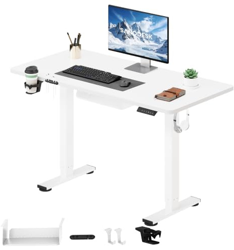 SANODESK Höhenverstellbarer Schreibtisch elektrisch 110x54 cm | mit einteiliger Tischplatte, kompakter Computertisch für Homeoffice, ergonomischer Sitz-Steh-Schreibtisch (Weiß)