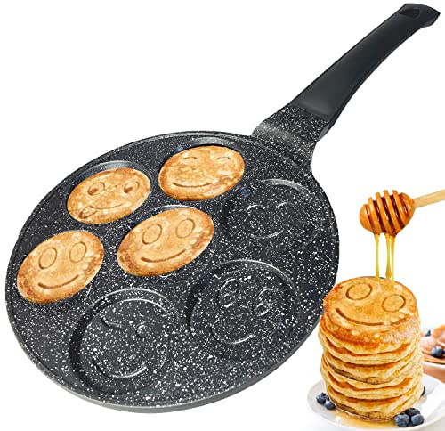 Amalindo Pancake Pfanne 26cm, 7 Loch Smiley, Antihaft-Beschichtung | Pfannkuchenpfanne für Induktion, Eierpfanne, Augenpfanne für Pancakes, Spiegelei, Spiegeleipfanne