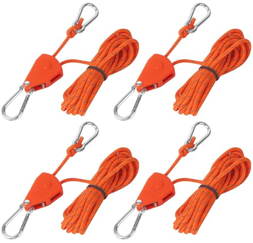 ACOMTUO Abspannseile mit Seilspanner 4m, 4 Stück Zeltschnur mit Spanner, Verstellbarer Seil Ratsche, Seilratsche mit Haken, Einstellbare Ratchet Hanger für Outdoor Camping Sonnensegel (Orange)