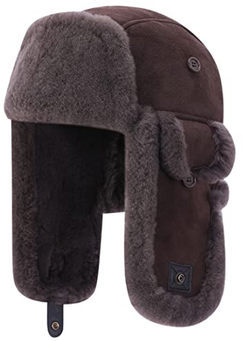 Harssidanzar Lammfell Shearling Wintermütze für Herren und Damen Echtes Leder Trappermütze Fliegermütze Aviatormütze Ushanka Bomber Hut mit Ohrenklappen CU603EU, Braun, Größe M