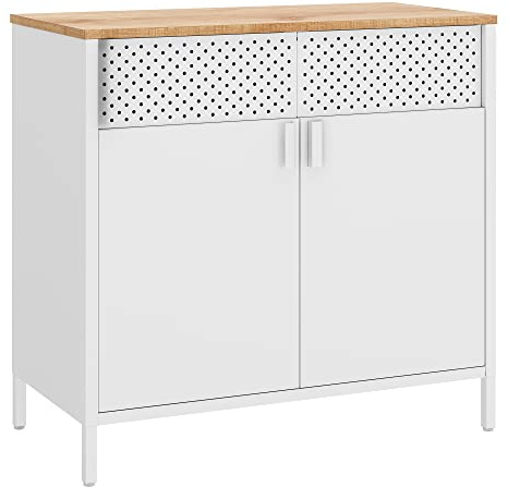 SONGMICS Aufbewahrungsschrank, Metallschrank, mit Doppeltür, Stahlgestell | Magnetverschluss, Verstellbarer Einlegeboden, Mattweiss und Eichenbeige, BRAVON Kollektion LSC102W57