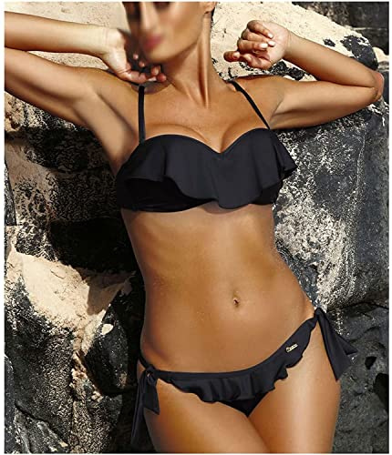 MILLUR Schwarzer Rüschen-Push-Up-Frauen-Bandeau-Badeanzug, weibliche Badebekleidung, BH-Cup-Bikini-Set, einfarbig, hoch Geschnittener Badeanzug(Color:Black;Size:S Code)