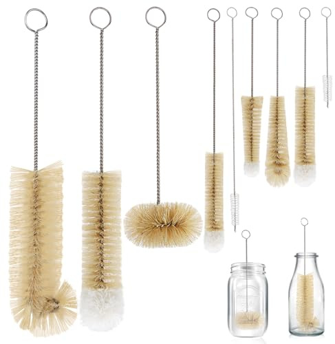 MASTERTOP Flaschenbürste Set,9-Teiliges Lang Flaschenbürsten Reinigungsbürste mit Flauschiger Pomponkopf, Flaschenputzer Flaschenreiniger Bürste für Strohhalm, Milchflasche, Weinglas, Dekanter
