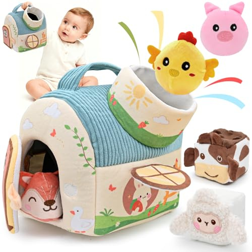 FLEXTRIX Baby Spielzeug 6-12 Monate - Bauernhof Originales Montessori Sensorikspielzeug mit Scheune · 5 Tierrasseln & Spiegel · Kinder Motorikspielzeug 1-3 Jahre · Montessori Spielzeug Baby Geschenk