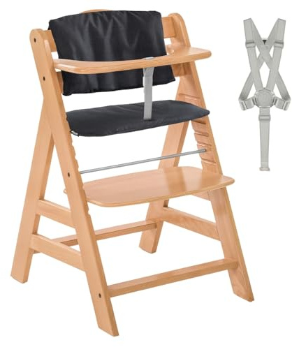 hauck Alpha+ Hochstuhl Set mit Sitzkissen - Natural | Mitwachsender Holz Kinderhochstuhl ab 6 Monaten bis 90 kg | inkl. Sitzkissen, Schutzbügel & FSC® Buchenholz