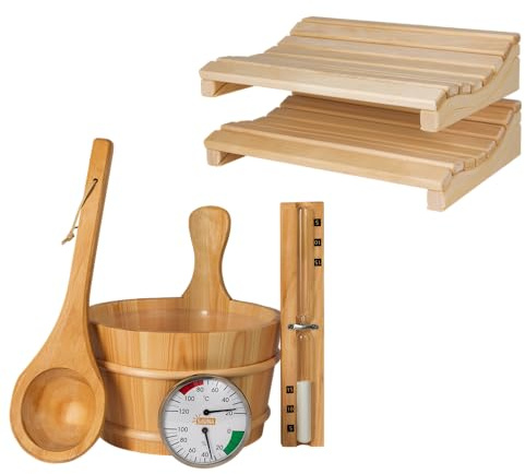 SUNNYDEALS Saunazubehör-Set 5-teilig aus Holz, mit Kopfstützen | Enthält Saunaeimer (4 l) mit Kunststoffeinsatz, Saunakelle und 2 Kopfstützen.