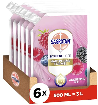Sagrotan Handseife Nachfüller Brombeere und Waldfrüchte – Feuchtigkeitsspendend und stark gegen Bakterien – 6 x 500 ml Handseife