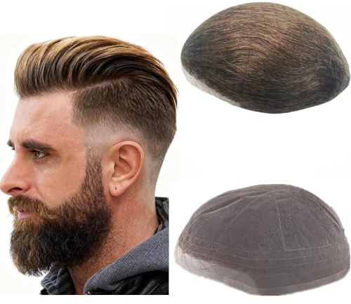 N.L.W. Echthaar Toupet für Männer, Vollspitzen Haarsystem für Männer Schweizer Spitzen Toupet Europäische Herren Toupet Echthaar 10 x 8 (#4 Hellbraun)