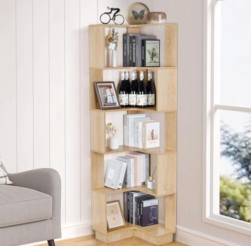 bimiti Eckregal mit 6 Ebenen Standregal Großes Modernes Eck-Bücherregal | Industrial Regal Holz Bücherregal, Eckregal Wohnzimmer Holz, Standregal für Schlafzimmer, Büro,Arbeitszimmer