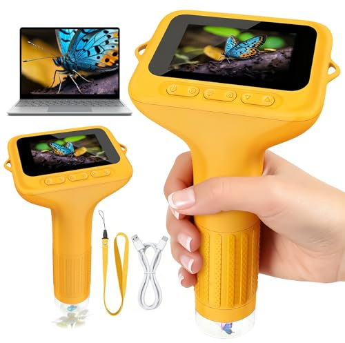ZQEJEFD Mikroskop für Kinder, 1000X Zoom Mini-mikroskopkamera für Kinder,Digitales Mikroskop mit 2,0 IPS-Bildschirm USB Microscope LED Lights -Anschluss an PC,Mini-mikroskop Draussen ab 3 Jahren Gelb