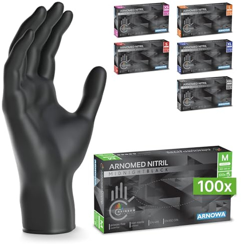 100x ARNOMED® Einweghandschuhe Schwarz, Nitril Handschuhe M | Einmalhandschuhe, Nitrilhandschuhe puderfrei, Gummihandschuhe, Schutzhandschuhe, Handschuhe Nitril in XS, S, M, L, XL, XXL