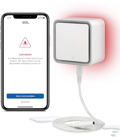 Eve Water Guard (Apple Home) - Smarter Wassermelder, 2m Sensorkabel (verlängerbar), 100dB, Wasseralarm auf iPhone, iPad, Apple Watch, Bluetooth, Thread