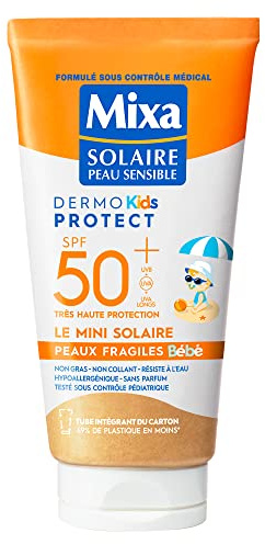 Mixa Solaire Solaire – Mini-Sonnenpflegemilch, sehr hoher Schutz, LSF50+, UVA, UVA, lang, UVB – empfindliche Haut für Babys – Reisegröße – hypoallergen, parfümfrei – 50 ml