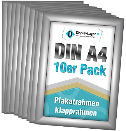 DisplayLager, Dänische Qualität - 10'er Sparpack Silber DIN A4 Klapprahmen mit 25mm Aluminium Profil, Entspiegelter Schutzscheibe, Befestigungsmaterial