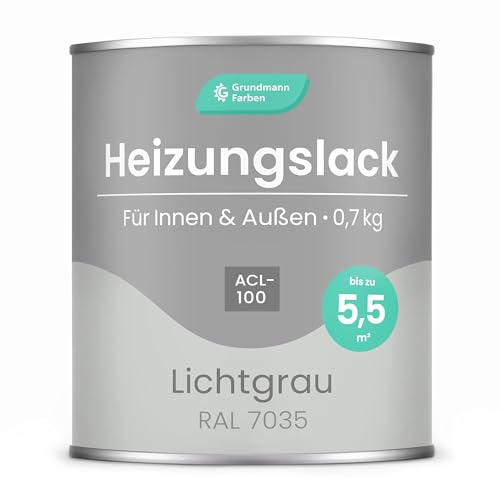 Grundmann Heizungslack 0,7 Kg - 4in1 mit Grundierung - RAL 7035 Lichtgrau | 4-in-1 Acryllack inkl. Rostschutz: hitzebeständig bis 70 °C, vergilbungsfrei und deckstark für ein seidenmattes Finish