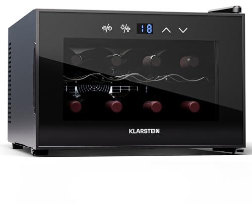 Klarstein Shiraz Weinkühlschrank Schwarz – 8 Flaschen, 21 L, 1 Zone | Getränkekühlschrank mit Glastür, freistehend, leise, 5–18 °C, LED, Edelstahlrahmen