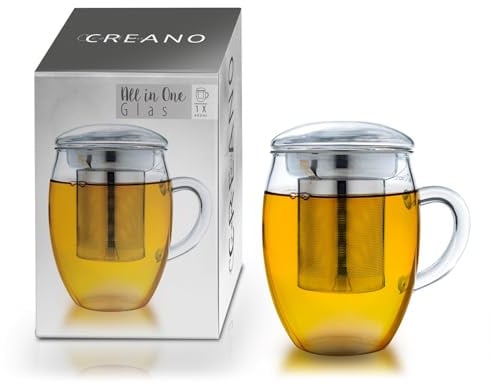 Creano Teeglas all in one 400ml, Große Teetasse mit Edelstahlsieb und Deckel aus Glas, Teebereiter in attraktiver Geschenkverpackung (1x 400ml)