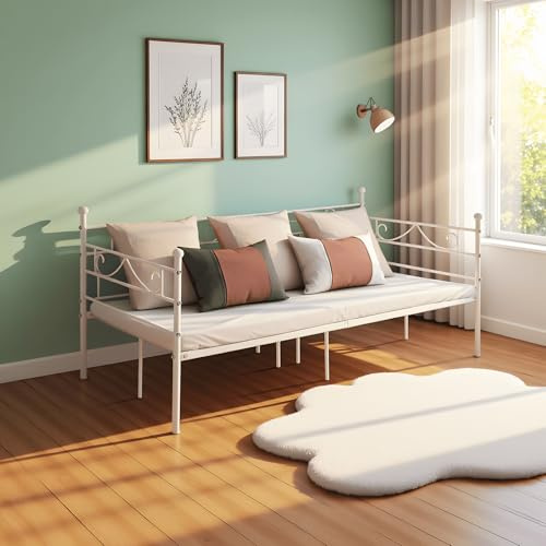 FetiNes Tagesbett Bettgestell 90x190 cm Bett, Metal Wasserdicht Familienbett Gästebett Metallbett Jugendbett Einzelbett Sofabett für Schlafzimmer Wohnzimmer passend, Weiß