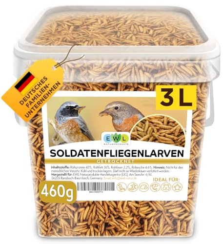 EWL Naturprodukte Soldatenfliegenlarven getrocknet 3 L (460 g), Premium Insektensnack Vögel, Fische, Schildkröten, Nager, Reptilien, Vogelfutter, Wildvögel, Ganzjährig Eichhörnchenfutter, Igelfutter
