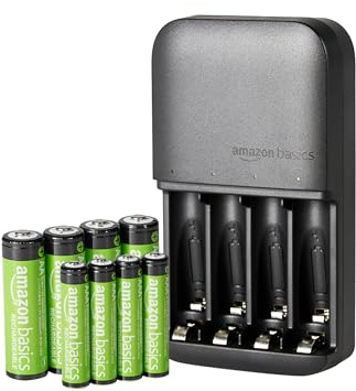Amazon Basics wiederaufladbar NiMh Batterien, (4 AA & 4 AAA) mit Batterieladegerät für 4 Batterien, EU-Stecker, 8 Stück, Schwarz