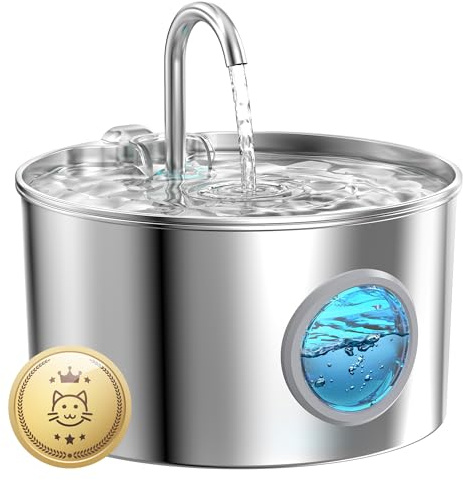 Katzenbrunnen Edelstahl Trinkbrunnen für Katze: Katzenbrunnen für Katzen - 2.2L Ultra leise Wasserbrunnen für Katzen - katzentrinkbrunnen für Hunde mit Wasserstandsfenster - Enthält keinen EU-Adapter