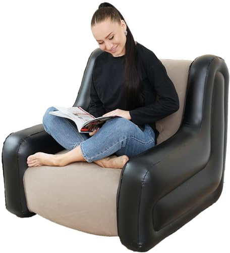 LONEEDY Aufblasbares zweifarbiges Stuhlsofa mit Armlehnen, aufblasbarer Sitz, Spielzimmer, Liege, Outdoor, Camping, Garten, Couch, weicher Plüschstoff für Erwachsene und Kinder (Khaki)